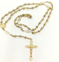 Real 14k Rosary Tri-Color Gold Jesus Crucifix Necklace 28&#39;&#39; Chain - £788.19 GBP