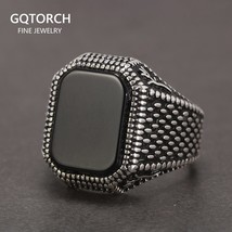 Real Pure 925 Sterling Silver Mens Rings Ottoman Tugra With Black Agate Natural  - $47.12