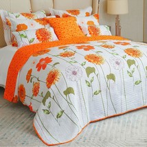 Floral Cotton Quilt Queen Size-3 Piece Orange Sunflower Bedding Set | Reversible - £77.27 GBP