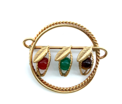 Vintage Gold Filled MMCO 14K Rope edge circle multi stones leaf Pin Brooch - $34.65