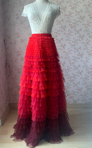 Red Tiered Maxi Skirt Outfit Women Custom Plus Size Party Evening Tulle Skirt