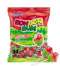 Bon Bon Bum Watermelon Lollipops - Candy Flavor Bubble Gum Center - - £8.45 GBP