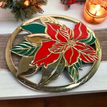 Vtg Brass Poinsettia Trivet Gold Finish 9in Mid-Century Modern Christmas  - $10.40