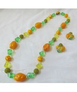 Vtg 1950&#39;s sugar bead &amp; abstract orange/green necklace and clip earrings... - $35.00