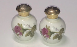 Vintage Small Porcelain Hand Painted Japan Salt Pepper Shakers White Gold Floral - £6.02 GBP