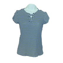 Almost Famous Too Top Girls XL Blue White Striped Short Sleeve Lace Up Preppy - £13.44 GBP