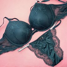 Victoria&#39;s Secret 38DD Bra Set Xxl Panty Emerald Green Fishnet Lace Shine Strap - $79.19