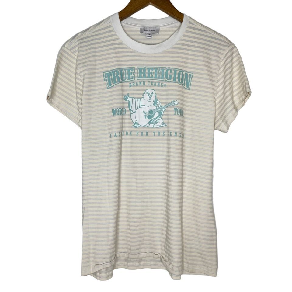 True Religion Logo Buddah Striped Short Sleeve Shirt Size Medium Women’s - $15.00