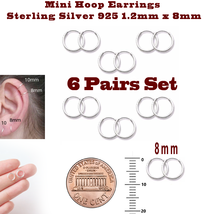 Adorable Super Small Hoop Earrings 8mm 6 Pairs Set Sterling Silver 925 Nose Lips - £8.77 GBP