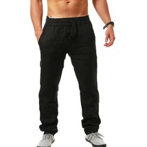 Men Cotton Linen Long Pants Solid Color Breathable Linen Trousers Elasti... - $12.99