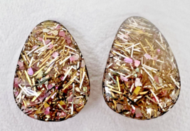 Vintage Clip Earrings Lucite w Silver &amp; Gold &amp; Pink Glitter Incased - $24.26