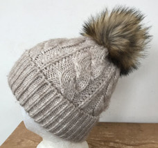 Anthropologie Winte Beige Chunky Cable Knit Faux Fur Pom Pom Beanie Hat ... - $19.99