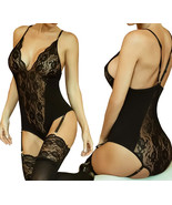 Women&#39;s One Piece Black Sexy Lace Bodysuit With Attached Garter &amp;Tights Set - $22.76