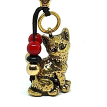 Brass Lucky Cat Keyring Lanyard Bead Button Cord Purse Bag Charm Solid Metal - £7.44 GBP