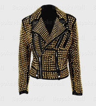 New Womens Golden Spiked Studded Punk Unique Classic Cowhide Leather Jac... - £456.07 GBP