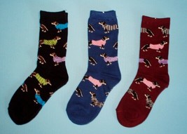 3 Pr Dachshund Dogs Women&#39;s Socks - Black, Blue, Burgundy - £23.00 GBP
