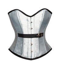 Plus Size Corset Silver Silk Black Leather Belt Gothic Overbust Waist Training - £59.94 GBP
