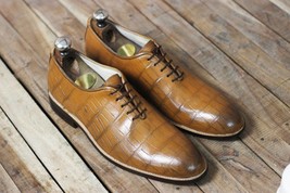 New Handmade Brown Crocodile Texture leather Lace up Hand Stitch Shoes - £122.27 GBP