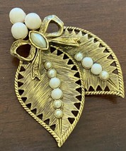 Vintage Goldtone Leaf and Bow Brooch with White Stones - $8.54