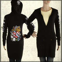 Bejeweled Rock &amp; Roll Heart Swarovski Crystal Womens Sweater Hoodie Black XS-XL - £119.14 GBP