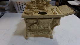 VINTAGE CAST IRON MINI STOVE WITH ACESS. POTS PANS YELLOW SKILLET SIDE S... - $79.13