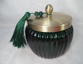 Opal House Canister Cotton Ball Jar Emerald Green Glass w/ Brass Lid and... - $16.78