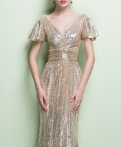 Gold Maxi Sequin Dress Women Cap Sleeve Retro Style Plus Size Sequin Dress image 2