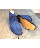 Men&#39;s Handmade Blue Ankle High Boots, Men&#39;s Lace Up Chukka Dress Casual ... - £127.86 GBP+