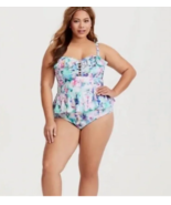 Torrid Swimsuit Size 1 / 1X 16 18 Watercolor Floral Ruffle One Piece Whi... - $63.63 CAD