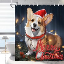 Christmas Shower Curtain Wearing Santa Hat Corgi Cute Puppy Christmas Decorative - £22.56 GBP