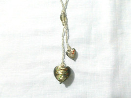 Double Gray Glass Heart Pendant Tassel Dangle on Clear 16&quot; Seed Bead Necklace - £7.95 GBP