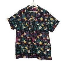 Hawaiian Shirt Tiki Face Floral Mens L/XL Black Green Red - $29.69