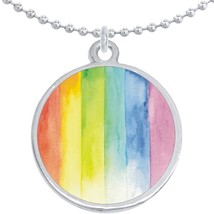 Rainbow Watercolor Stripes Round Pendant Necklace Beautiful Fashion Jewelry - £8.66 GBP