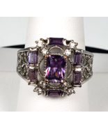 Vintage Sterling Silver 925 Art Deco Amethyst Emerald Cut Stone Ring siz... - $342.27