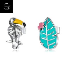 Genuine Sterling Silver 925 Toucan Bird Animal &amp; Leaf Stud Earrings With Enamel - £13.01 GBP