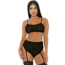 Cheetah Print Mesh Cami Bra Top Set Garter Panty Sheer Cropped Black 779514 - £19.46 GBP