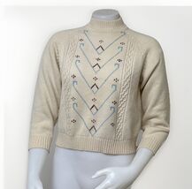 Vtg Ski Sweater Wool Cable Knit Pullover Italy Mens XS Ivory Embroidered... - $62.38