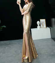 Gold Sequin Maxi Dress Gowns Women Custom Size Side Split Sequin Party Dress image 3