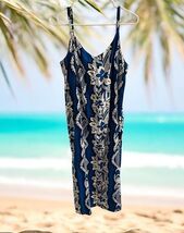 Tiki Palm Long Hawaiian Slip Dress Size M Womans Blue White Floral surfb... - $26.68