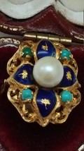 Art  Deco Blue  Enamel 750(18k) Yellow  Gold  Pearl  Turquoise Ring - $1,980.00