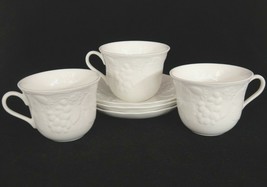 Wedgwood Strawberry &amp; Vine Lot of 3 Cups Saucers White Embossed Fruit England - £15.45 GBP