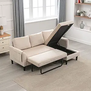 Modern L-Shaped Sofa Bed With Chaise Longue, 3-Seat Beige Couch With Pul... - $980.99