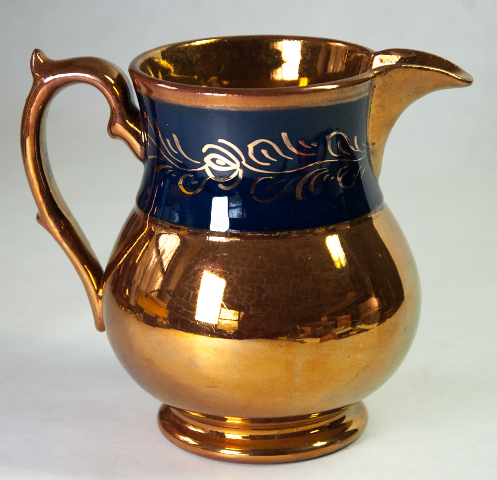 Copper Lusterware 16 oz Jug Creamer Pitcher 5" Tall Blue Band at Neck Item image 3