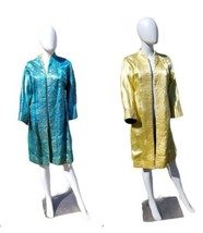 Vintage 50-60s Silk Reversable Teal Lame Gold Brocade Open Front Dust Coat Robe - £106.83 GBP
