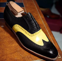 New Men&#39;s Oxfords Look Black Yellow Wingtip Designer Handmade Lace up Shoes - £125.03 GBP
