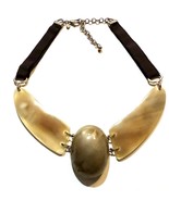 Chico’s statement necklace horn-look resin &amp; grosgrain brown ribbon gold... - $15.99