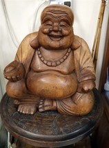Large 12&quot; Vintage Carved Wood Laughing Buddha c1960&#39;s - $166.25