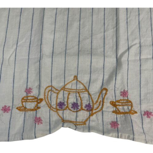 Primary image for Flour Sack Teapot Embroidered Striped Beige 38x58 Tea Towel Country Cottage Core