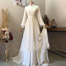 High Collar Floor Length  Chiffon Lantern Sleeve Elegant Ivory Evening Dresses  - £124.45 GBP