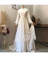 High Collar Floor Length  Chiffon Lantern Sleeve Elegant Ivory Evening D... - $158.00
